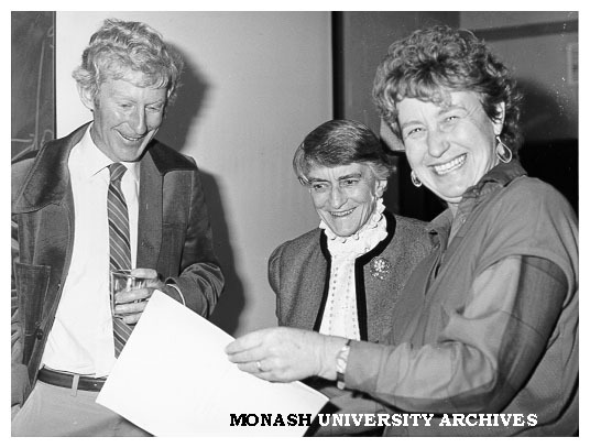 Jim McLennan (left, of Swinburne), Dr Mary Nixon and Janet Blainey