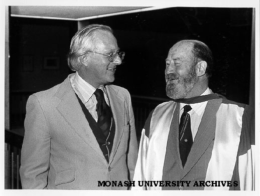 Dean of Education Professor Peter Fensham with former Dean Dr Syd Dunn after award of his honorary Doctor of Laws