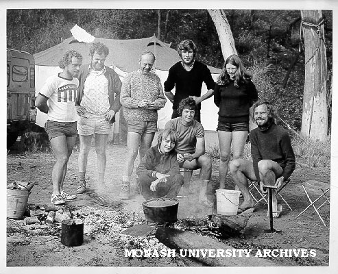 Earth Sciences staff on field trip in McDonell Ranges. Jeff Windsor (left), Ron Newman, Professor Bruce Hobbs, Geoff Hobbs (squatting), John Fitzgerald (sitting), Lyall Offe, Joyce Wilkie, and Volker Hirsinger