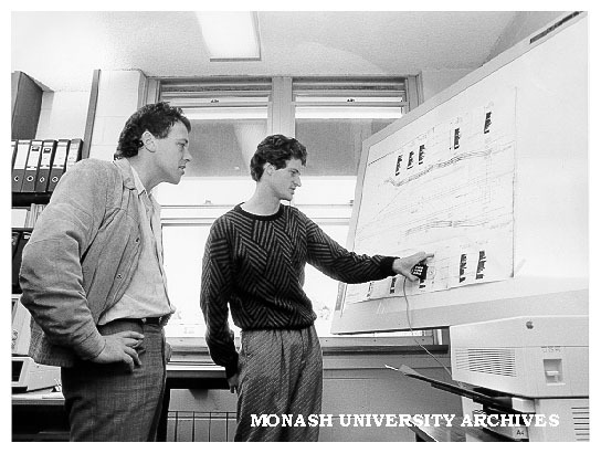 Dr Steve Edwards (left) and student Doug Watkins using digitiser to store information