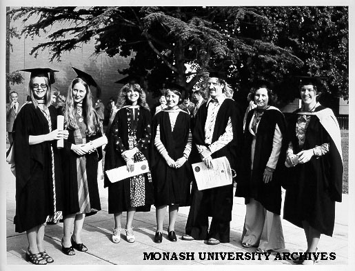 Engineering graduates, from left: Jacqueline Dick, Sally Nugent, Yvonne Hirsch, Allana Stephens, unidentified man, Ruth Ault, and Jane Grice