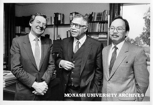 Pro-Vice-Chancellor Mal Logan (left) with Dr Mustapha Tolba, Director General of United Nations Environmental Plan and Dr Nay Htun, Director of UNEP regional office in Bangkok