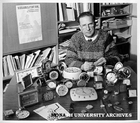 Dr Pierre Gorman, with clocks donated for research