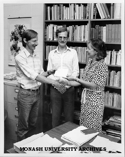 Professor Clive Probyn (left) and Timothy Brown presenting Arthur Brown Memorial Prize to Mrs Angela Kirsner