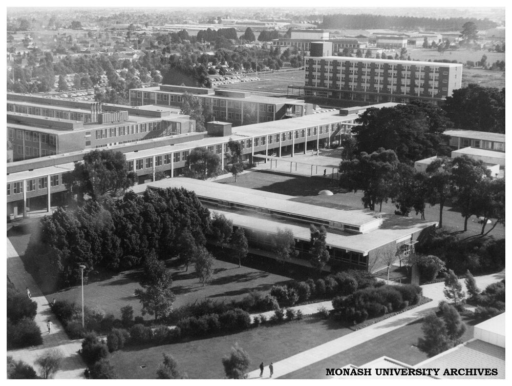 Aerial view of central science block and science buildings, Clayton Campus