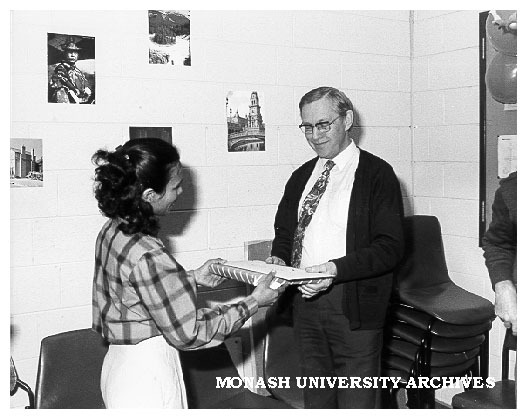 Mala De Silva presenting Professor Goran Hammarstrom (founding chairman of Linguistics) with retirement gift