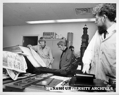 Professor Jean Whyte, Emeritus Professor Hector Monro and Dr Brian McMullin (right) with Albion press