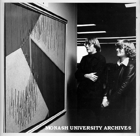 Professor Jean Whyte (left) and student, Annette Smith, viewing John Brack's 'Crossing'