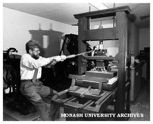 Dr Brian McMullin with Franklin handpress