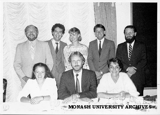 Mooting team members, clockwise from top left: Alan Swanwick, Jonathan Slonim, Kate Schneeberger, John Jarrett, coach Harry Reicher, Jennifer Lalor, Andrew Hamlyn-Harris and Carmel Bianchi