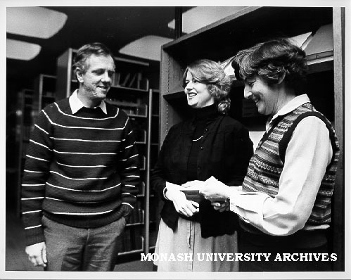 Marilyn Pittard, Vice-President of Monash Law Alumni (centre), presenting cheque to Law Library assistant Brenda Stampe, Associate Dean Professor Bob Williams at left