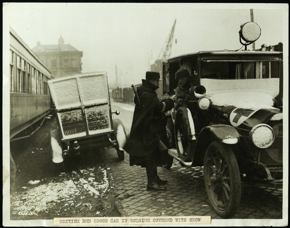 British Red Cross car in Belgium covered with snow