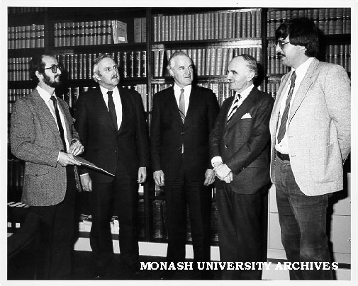 Delegation to China of experts on criminal law, from left: Mr Richard Fox, Judge Peter Rendit, Mr Justice McGarvie, Professor Louis Waller, and Mr Mark Weinberg