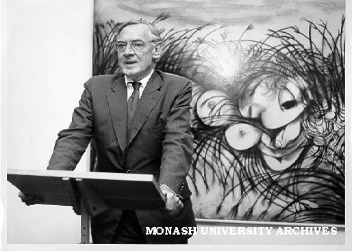 Melbourne University Vice-Chancellor Professor David Derham opening Monash-Melbourne art exchange exhibition, in front of the Arthur Boyd work 'Nude in a Cornfield'