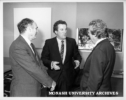 Canadian Consul Mr Graham Rush (centre) with Professor Mal Logan (right) and Professor Alan Fels at reception to mark award of Canada-Australia Bicentennial Institutional Research Award to Monash team