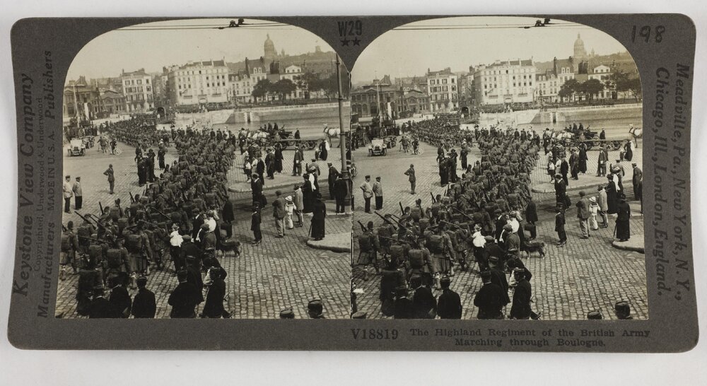 The Highland Regiment of the British Army marching through Boulogne