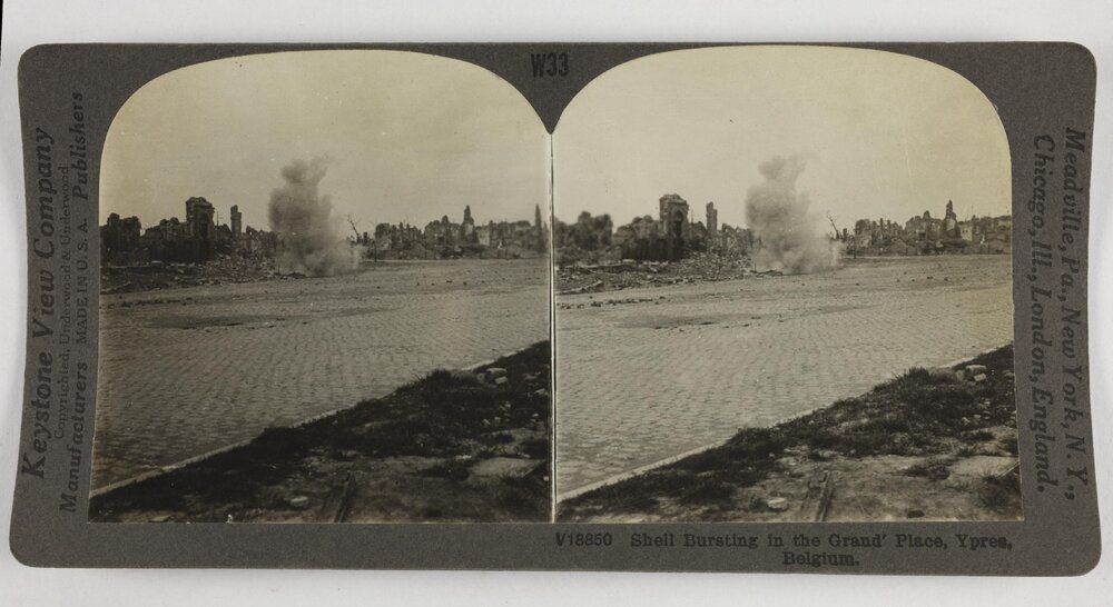 Shell bursting in the Grand' Place, Ypres, Belgium