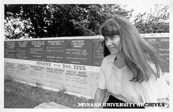 Tutor Mrs Greta Bird in front of Monash/Springvale Legal Service
