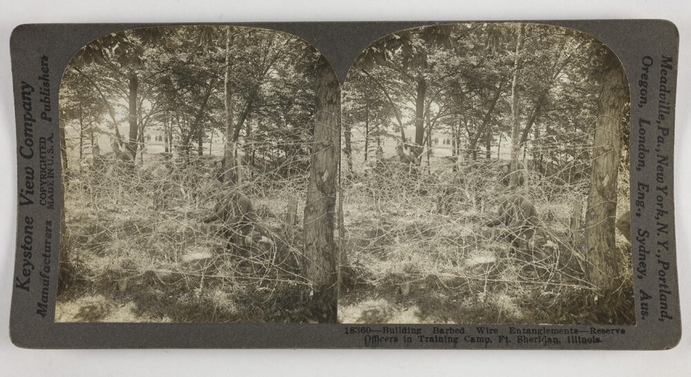 Building barbed wire entanglements - Reserve officers in training camp, Ft. Sheridan, Illinois