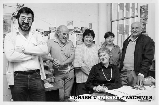 History department 'old-timers', from left: Tony Wood, John Morgan, Val Edens, Marian Aveling, Leslie Fleming, and front, retiring administrator Mary Spriggs