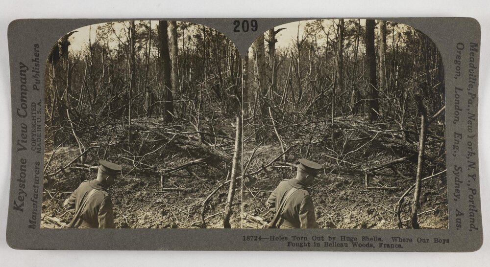 Holes torn out by huge shells.  Where our boys fought in Belleau Woods, France