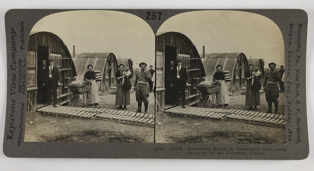 Temporary homes in devastated Lens, long occupied by the Germans, France