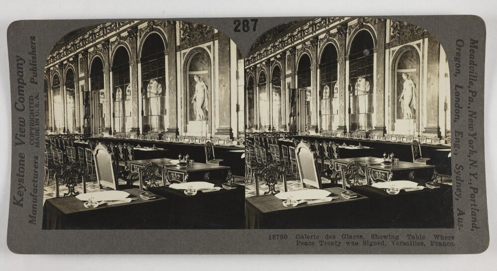 Galerie des Glaces, showing table where peace treaty was signed, Versailles, France