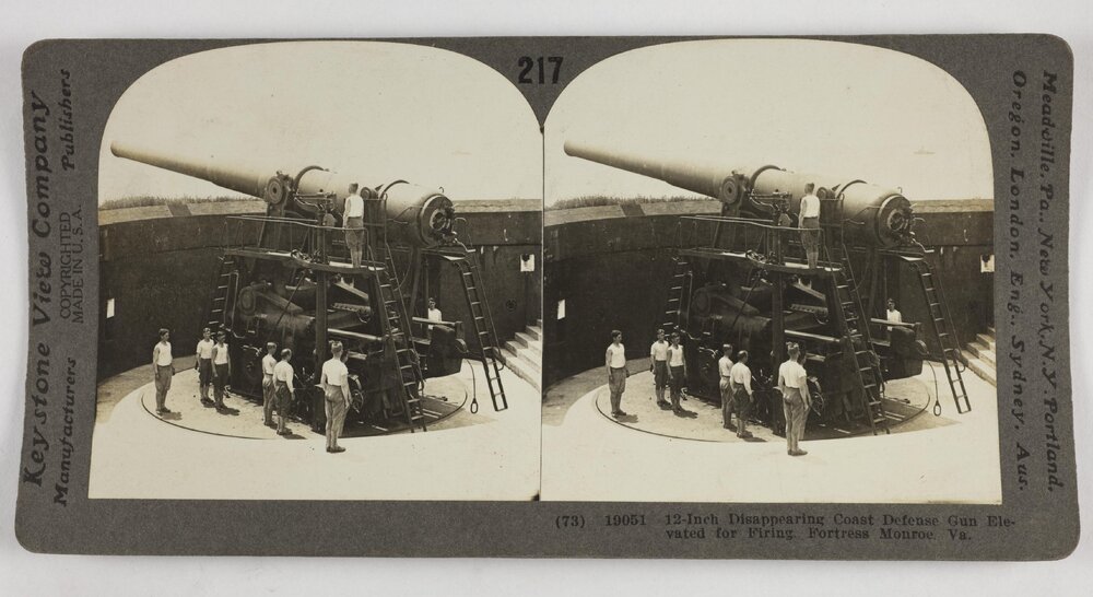 12-inch disappearing coast defense gun elevated for firing, Fortress Monroe, Va.