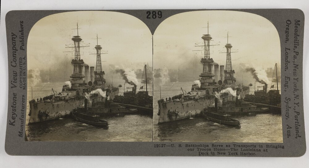 U.S. battleship serve as transports in bringing our troops home - The Louisiana at dock in New York harbor