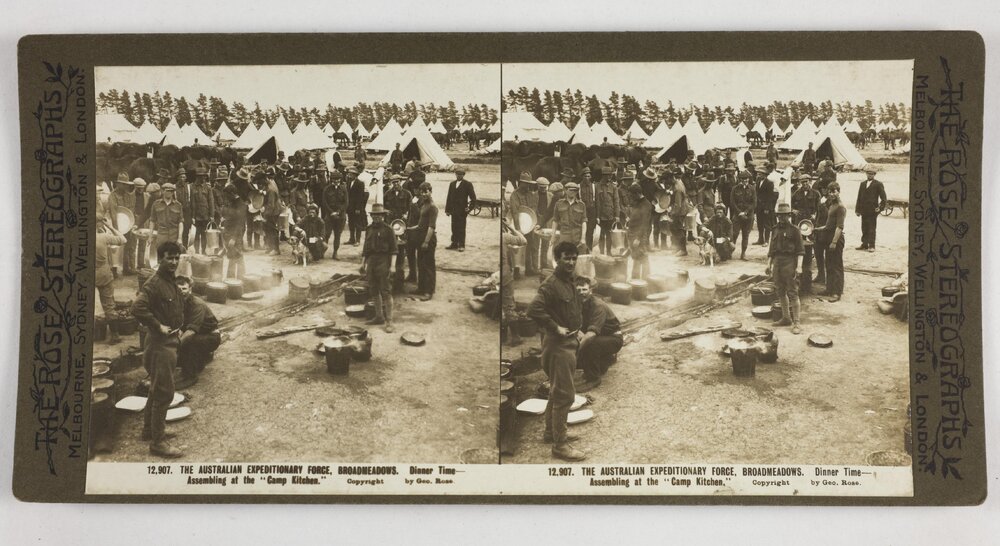 The Australian Expeditionary Force, Broadmeadows.  Dinner time - Assembling at the "camp kitchen"