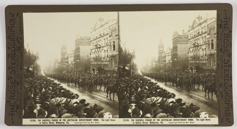 The farewell parade of the Australian Expeditionary Force. The light horse in Collins Street, Melbourne, Vic