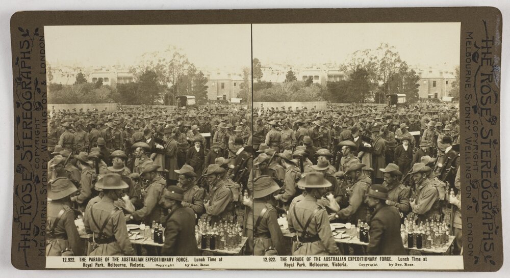 The parade of the Australian Expeditionary Force.  Lunch time at Royal Park, Melbourne, Victoria