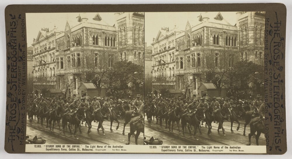 "Sturdy sons of the Empire."  The Light Horse of the Australian Expeditionary Force, Collins St, Melbourne