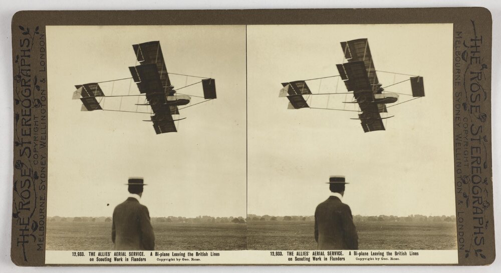 The Allies aerial service.  A bi-plane leaving the British lines on scouting work in Flanders