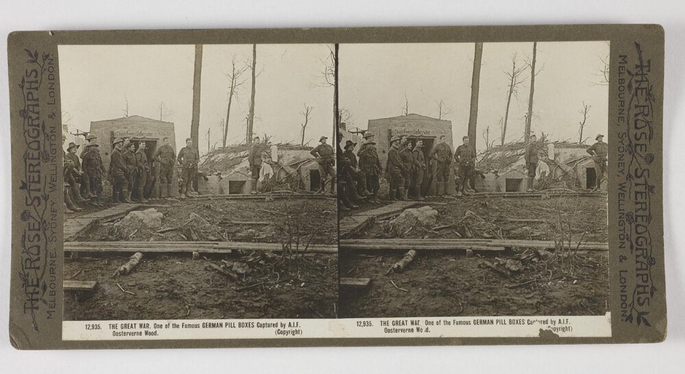 The Great War.  One of the famous German pill boxes captured by A.I.F. Oosterverne Wood