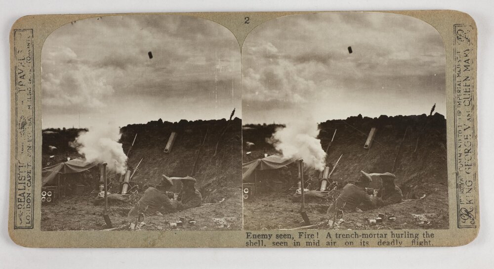 Enemy seen, Fire!  A trench-mortar hurling the shell, seen mid air on its deadly flight