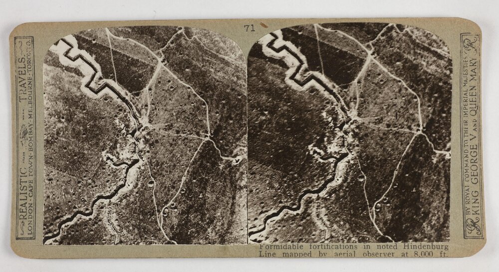 Formidable fortifications in noted Hindenburg Line mapped by aerial observer at 8,000 ft.