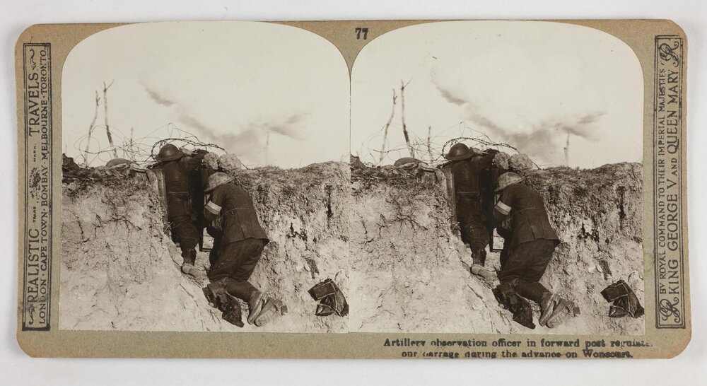 Artillery observation officer in forward post regulates our barrage during the advance on Woncourt