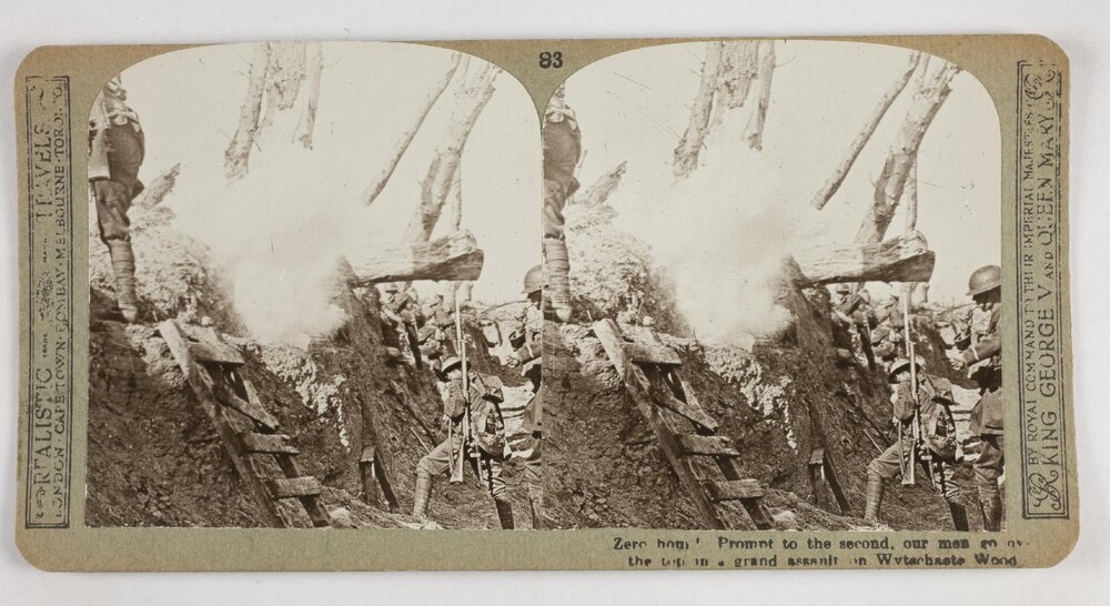 Zero hour!  Prompt to the second, our men go over the top in a grand assault on Wytschaete Wood