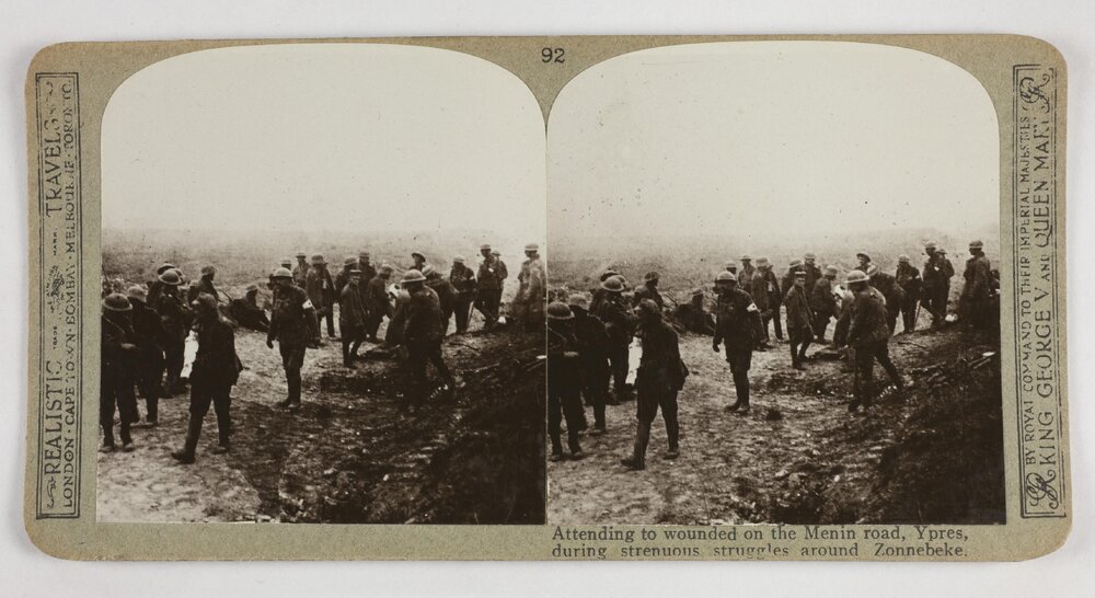 Attending to wounded on the Menin road, Ypres, during strenuous struggles around Zonnebeke