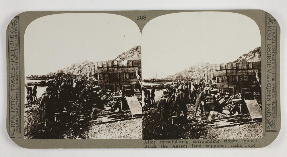 After consolidating surrounding ridges against attack the Anzacs land supplies ; Gaba Tepe