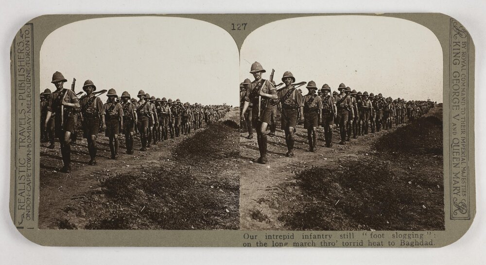Our intrepid infantry  still "foot slogging" : on the long march thro' torrid heat to Baghdad