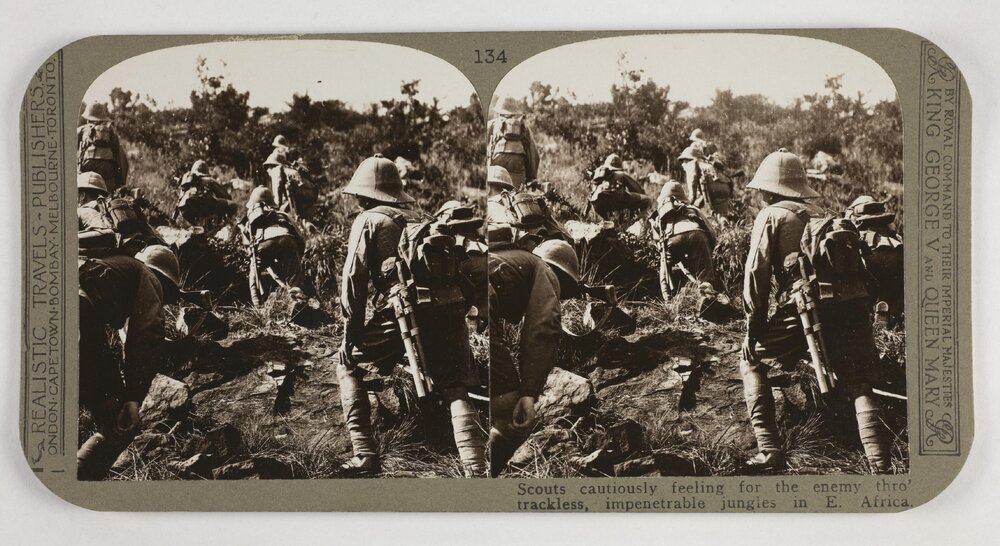 Scouts cautiously feeling for the enemy thro' trackless, impenetrable jungle in E. Africa