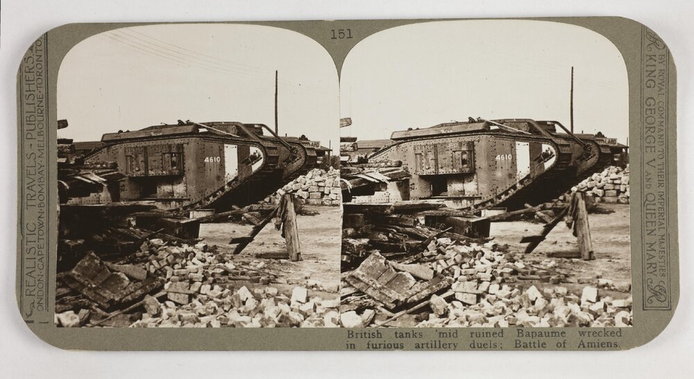British tanks 'mid ruined Bapaume wrecked in furious artillery duels ; Battle of Amiens