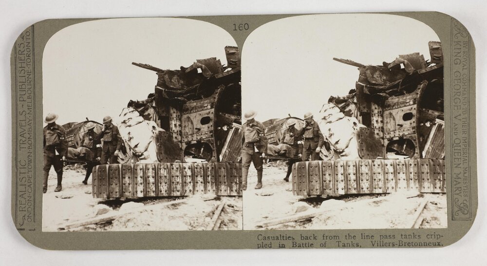 Casualties back from the line pass tanks crippled in Battle of Tanks, Villers-Bretonneux