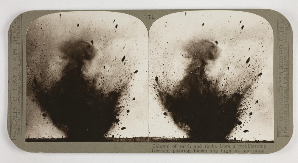 Column of earth and rocks from a troublesome German position blown sky high by our mine