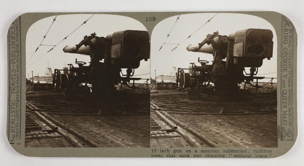 12 inch guns on a monster submarine; ruthless pests that sank our shipping "without trace"