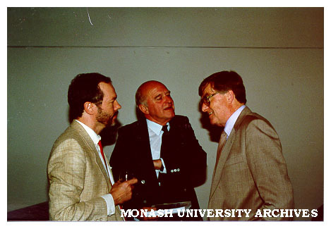George Fairfax (centre), manager of Victorian Arts Centre, with Monash historian John Rickard (left) and Neil Ryan of Longman Cheshire at the launch of Rickard's book 'Australia: a Cultural History'