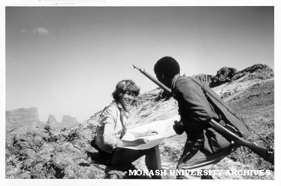 Geologist and geophysicist Frances Williams with tribesman in Ethiopian highlands