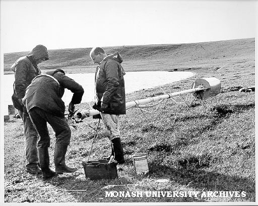 Dr Patrick De Deckker and team members preparing Mackereth sampler to take core in West Basin near Colac